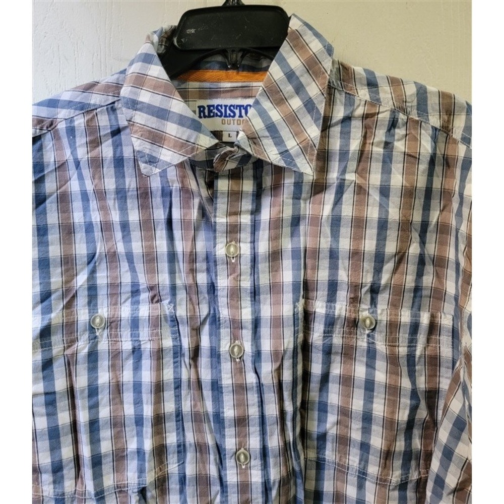 NWOT Resistol Outdoors L Blue Tan Plaid Button Up Shirt 121760